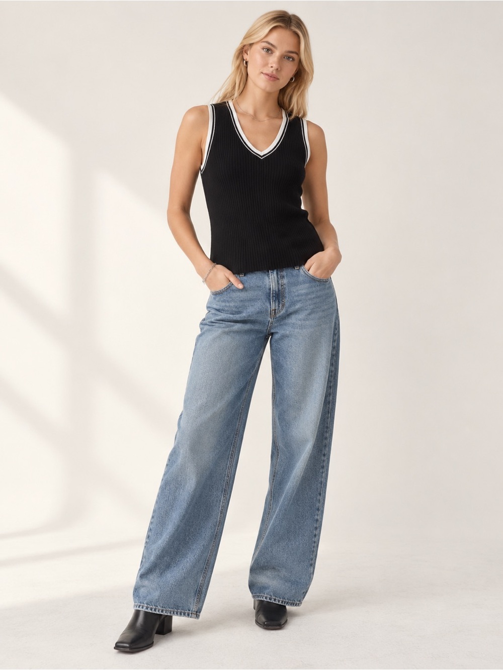 Liverpool Black Ribbed V-Neck Tank with White Trim